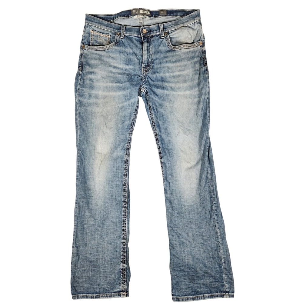 BKE Jeans Mens 36X34 Derek Blue Medium Wash Bootcut Stretch EUC HEEL BITES